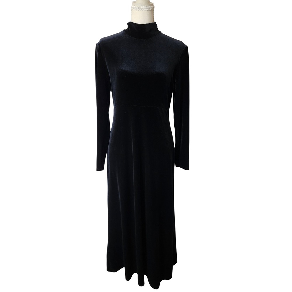 KC Spencer Vintage Black Velvet Midi Dress Mock Neck Whimsygoth Witchy Medium 6